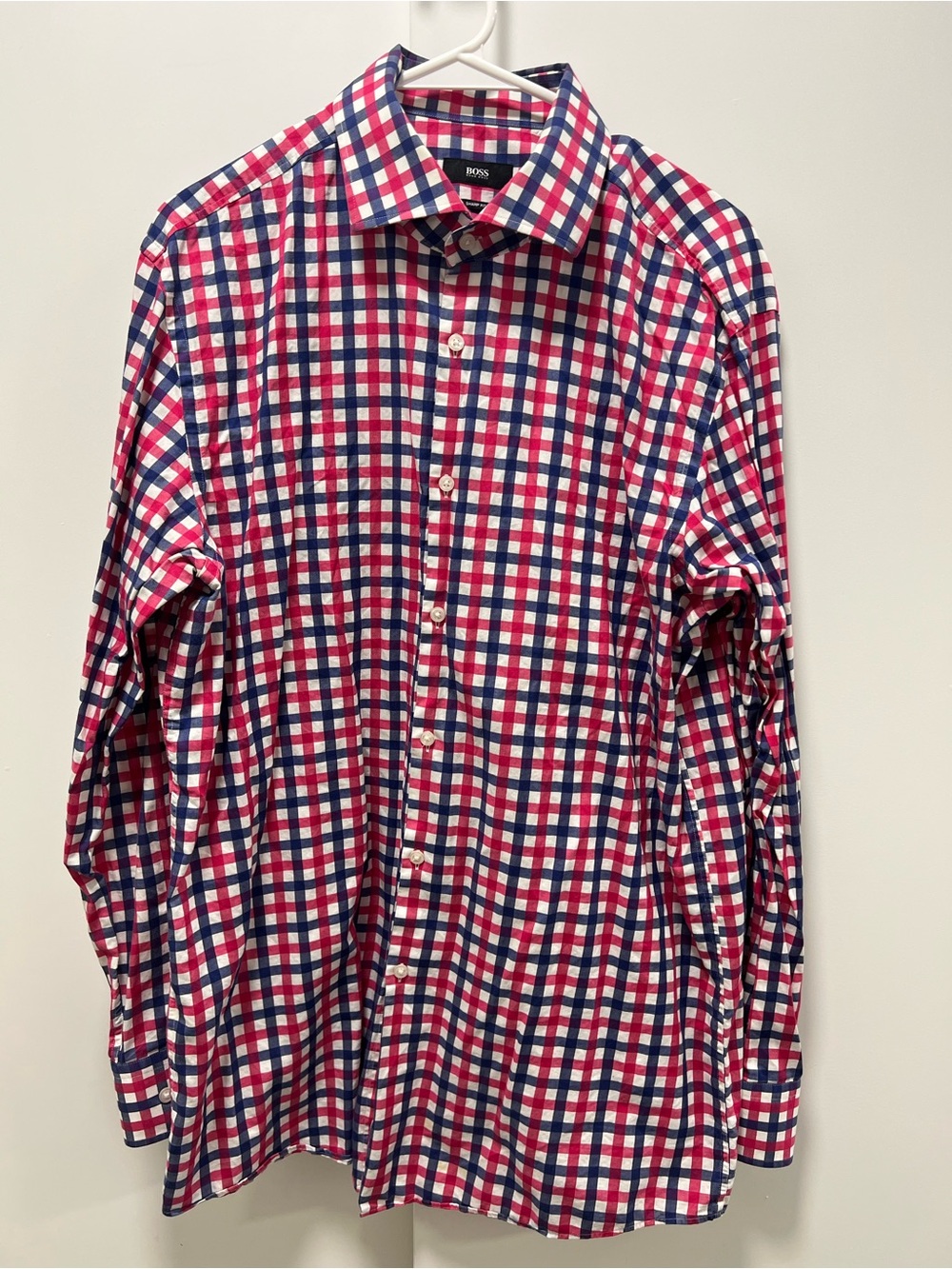 BOSS Hugo Boss Men’s 17 34/35 Sharp Fit Red Blue Gingham Dress Shirt